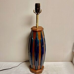 Mid Century Geometric Walnut Lamp with Blue Ceramic Insets 30”H